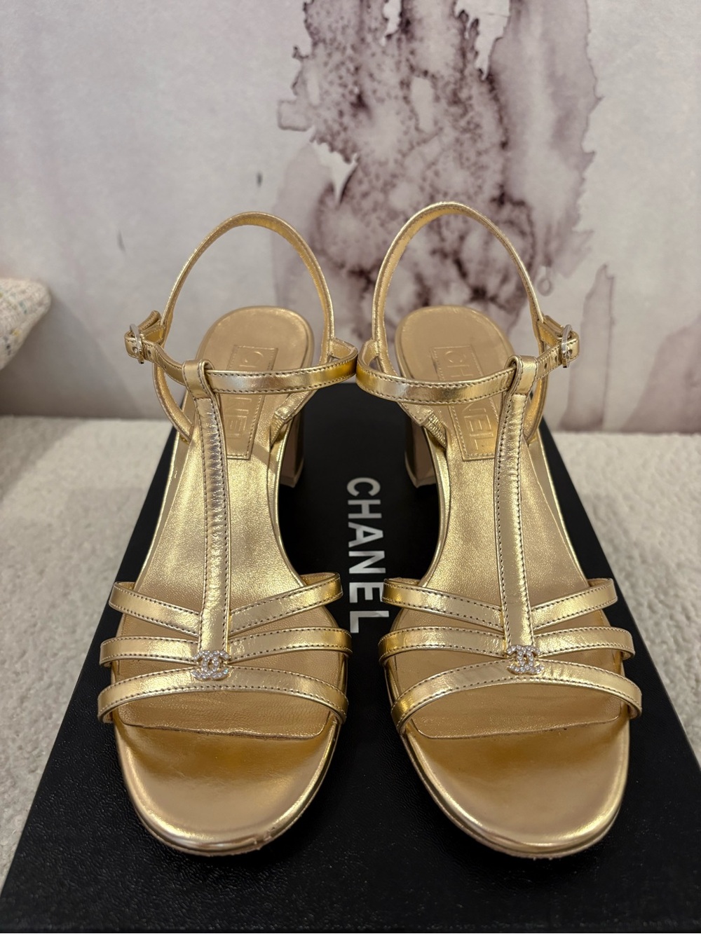 CHANEL Metallic Gold Strappy T-Bar Heels